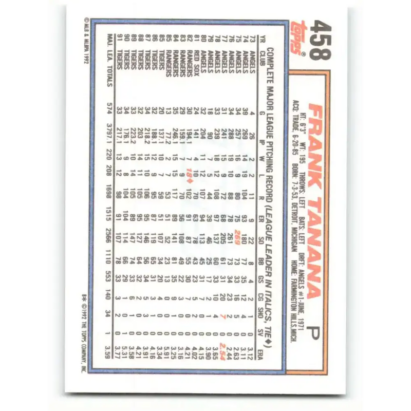 1992 Topps #458 Frank Tanana NM-MT Detroit Tigers Baseball Card - Baseball Card Single