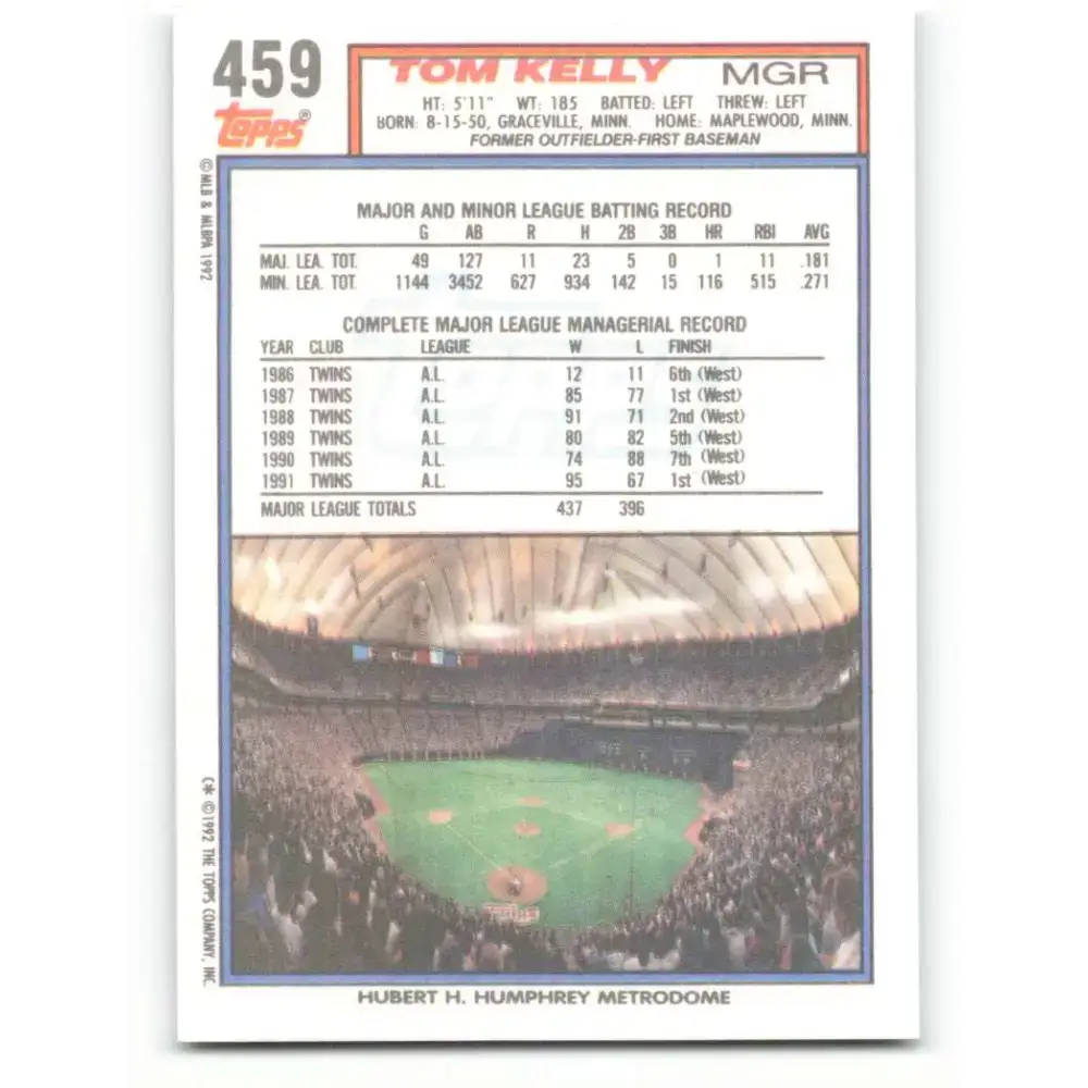 1992 Topps #459 Tom Kelly NM-MT Minnesota Twins Baseball Card - Baseball Card Single