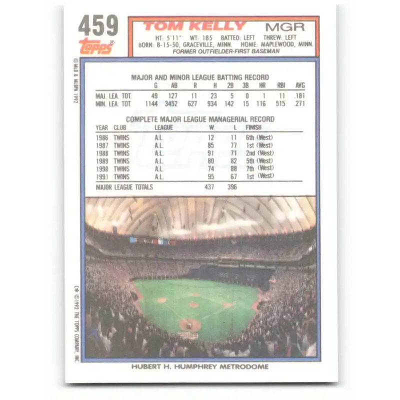 1992 Topps #459 Tom Kelly NM-MT Minnesota Twins Baseball Card - Baseball Card Single