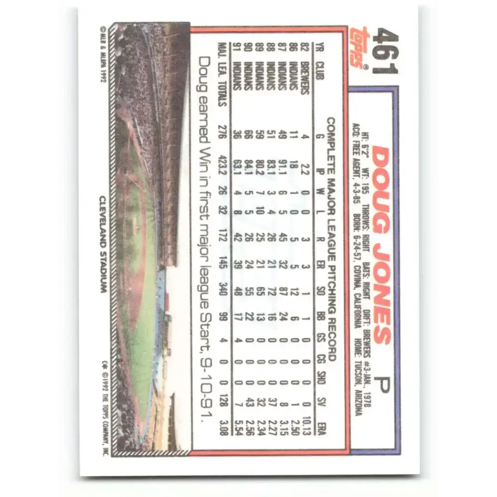 1992 Topps #461 Doug Jones NM-MT Cleveland Indians Baseball Card - Baseball Card Single