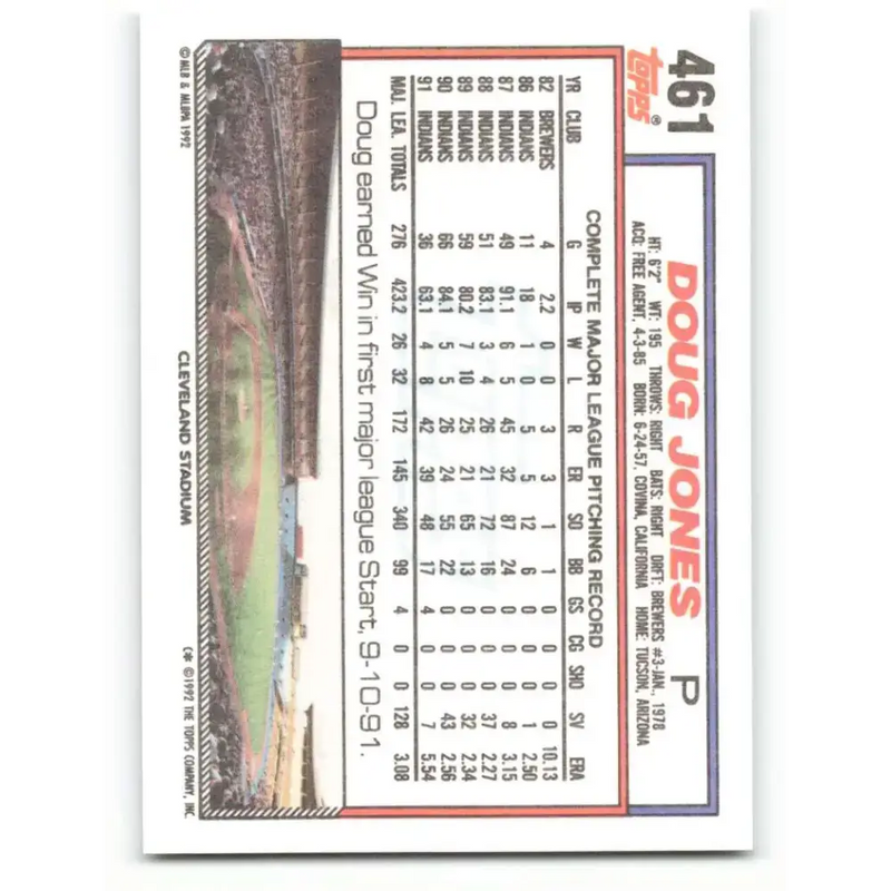 1992 Topps #461 Doug Jones NM-MT Cleveland Indians Baseball Card - Baseball Card Single