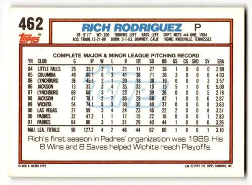 1992 Topps #462 Rich Rodriguez San Diego Padres Baseball Cards EX/NM ID:61129 - Baseball Card Single