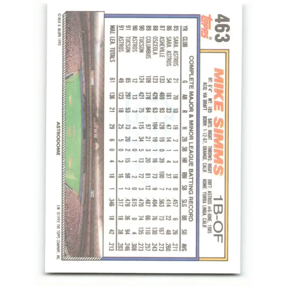 1992 Topps #463 Mike Simms NM-MT Houston Astros Baseball Card - Baseball Card Single