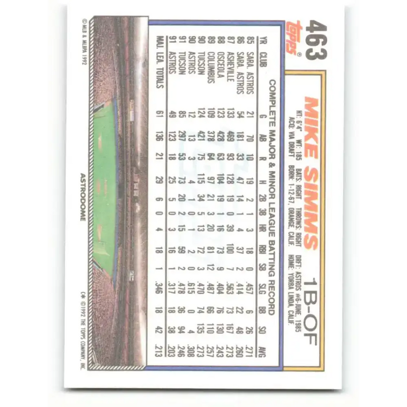 1992 Topps #463 Mike Simms NM-MT Houston Astros Baseball Card - Baseball Card Single
