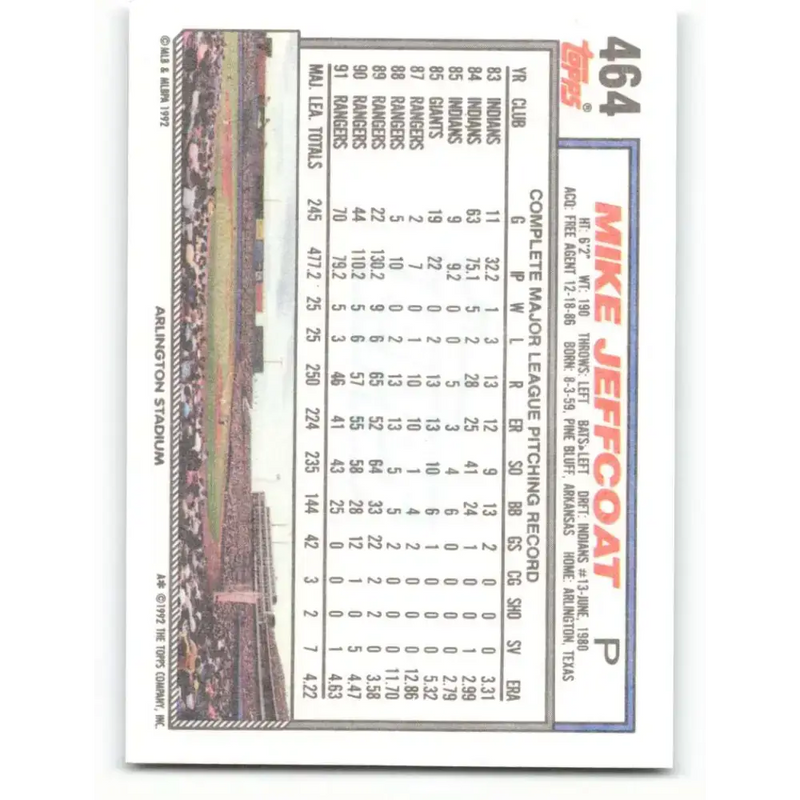1992 Topps #464 Mike Jeffcoat NM-MT Texas Rangers Baseball Card - Baseball Card Single