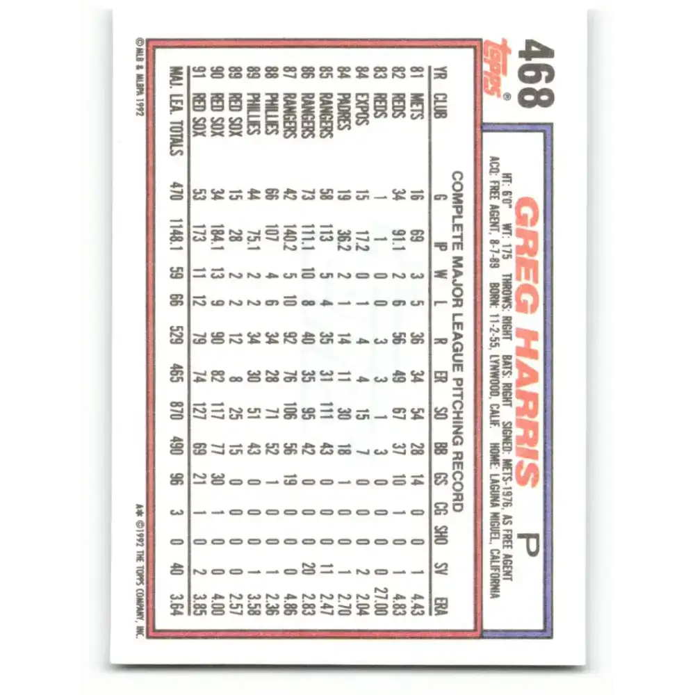 1992 Topps #468 Greg Harris NM-MT Boston Red Sox Baseball Card - Baseball Card Single
