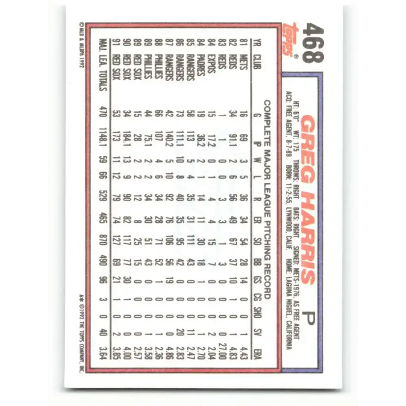 1992 Topps #468 Greg Harris NM-MT Boston Red Sox Baseball Card - Baseball Card Single