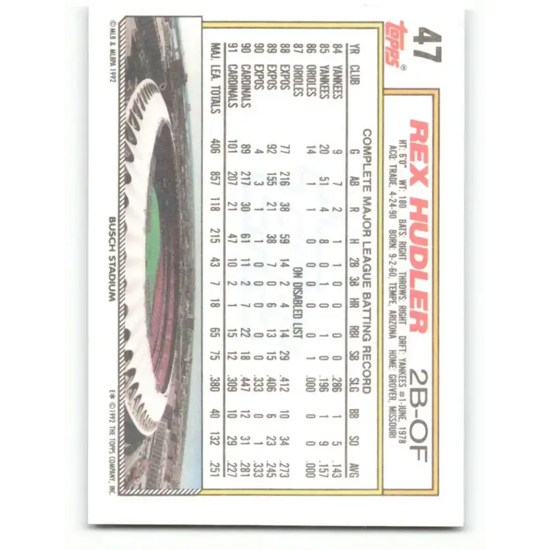 1992 Topps #47 Rex Hudler EX Excellent St. Louis Cardinals Baseball Card - Baseball Card Single