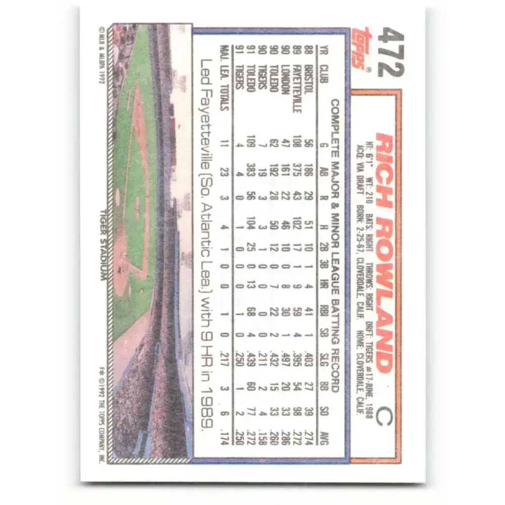 1992 Topps #472 Rich Rowland NM-MT RC Rookie Detroit Tigers Baseball Card - Baseball Card Single