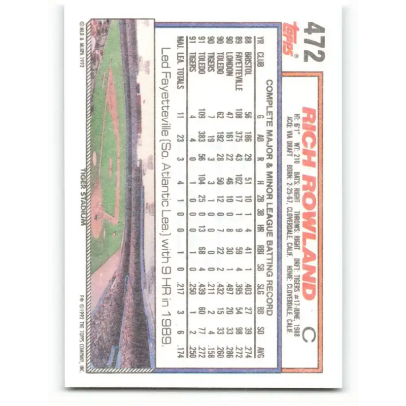 1992 Topps #472 Rich Rowland NM-MT RC Rookie Detroit Tigers Baseball Card - Baseball Card Single