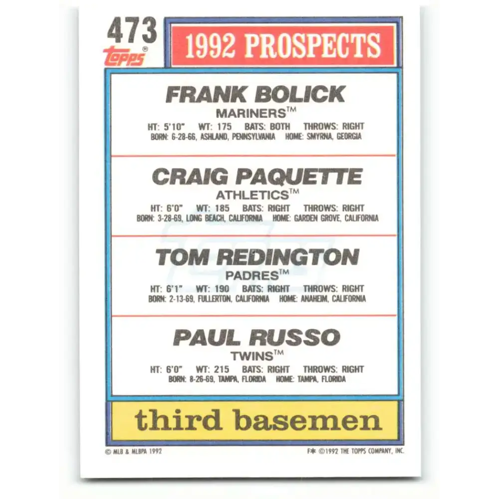 1992 Topps #473 Frank Bolick/Craig Paquette/Tom Redington/Paul Russo EX Excellent Seattle Mariners/Oakland