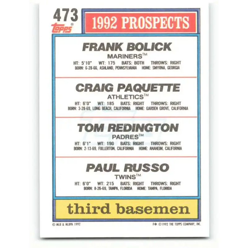 1992 Topps #473 Frank Bolick/Craig Paquette/Tom Redington/Paul Russo NM-MT Seattle Mariners/Oakland Athletics/San Diego