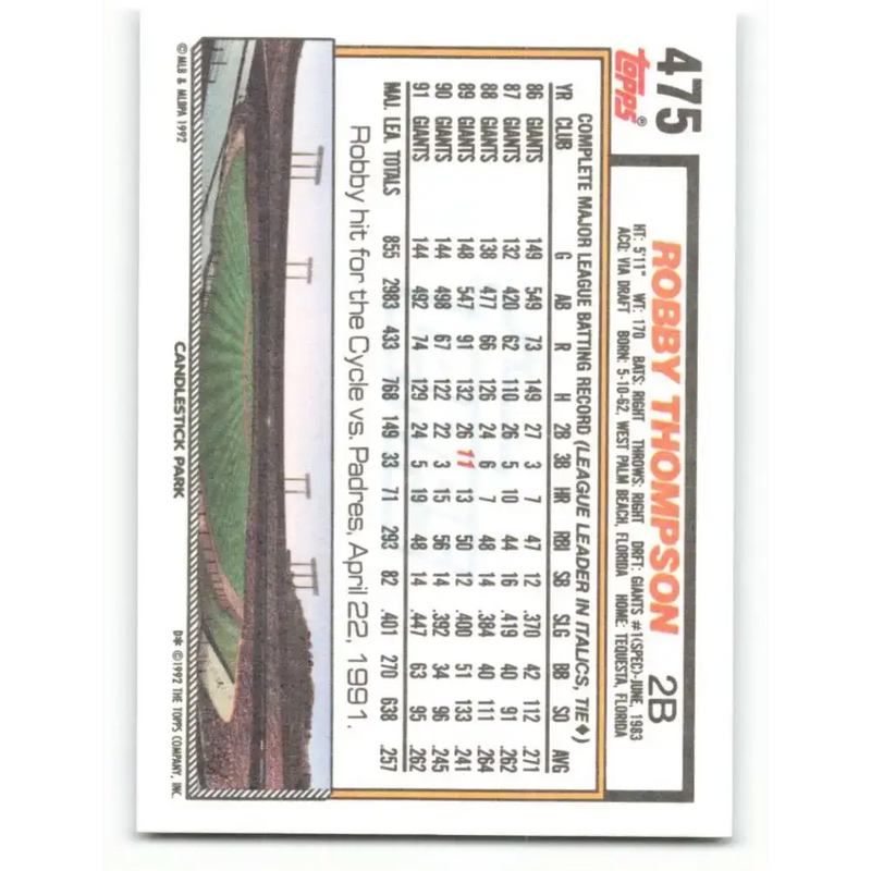 1992 Topps #475 Robby Thompson NM-MT San Francisco Giants Baseball Card - Baseball Card Single