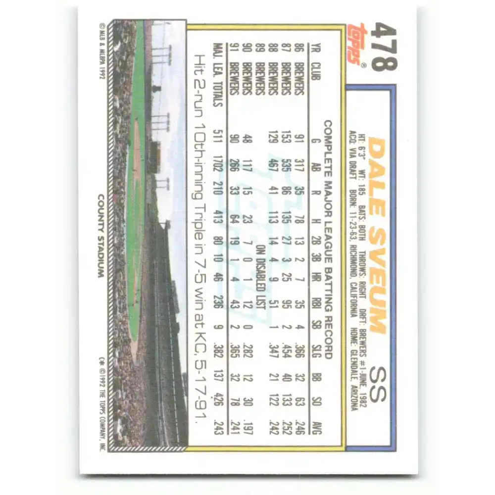 1992 Topps #478 Dale Sveum NM-MT Milwaukee Brewers Baseball Card