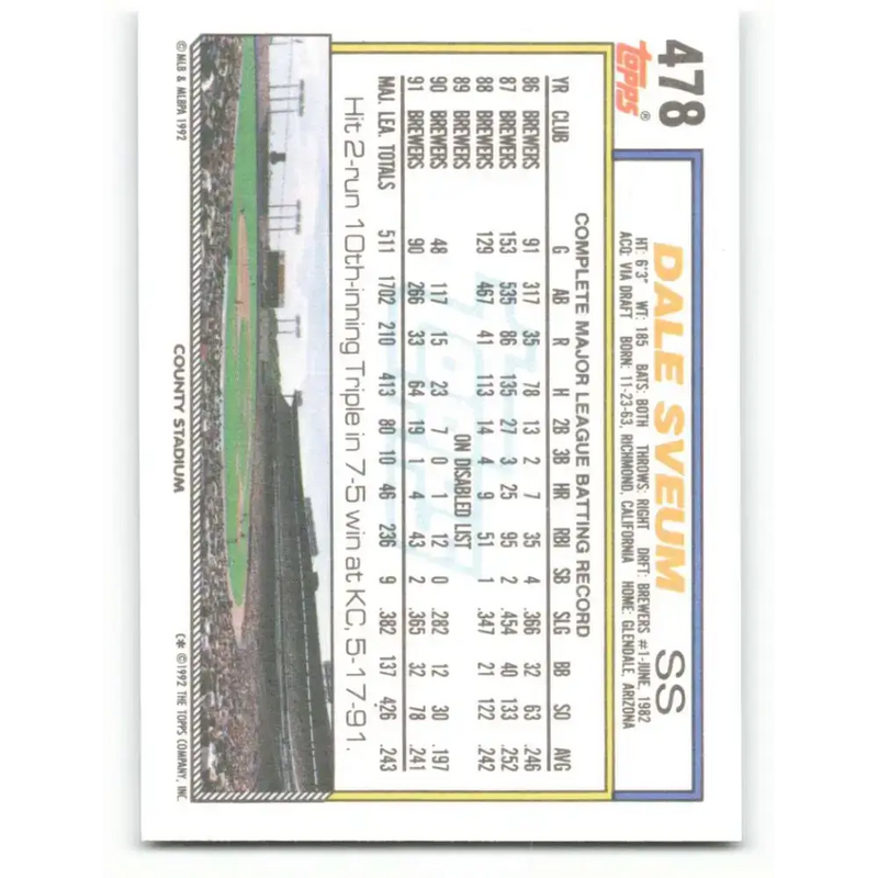 1992 Topps #478 Dale Sveum NM-MT Milwaukee Brewers Baseball Card