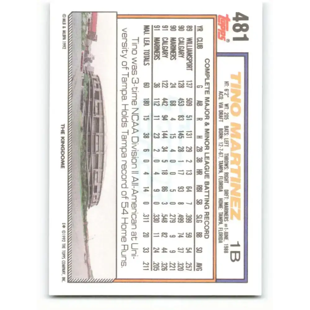 1992 Topps #481 Tino Martinez EX Excellent Seattle Mariners Baseball Card - Baseball Card