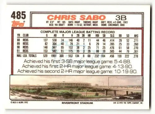 1992 Topps #485 Chris Sabo Cincinnati Reds Baseball Cards EX/NM ID:55804 - Baseball Card Single