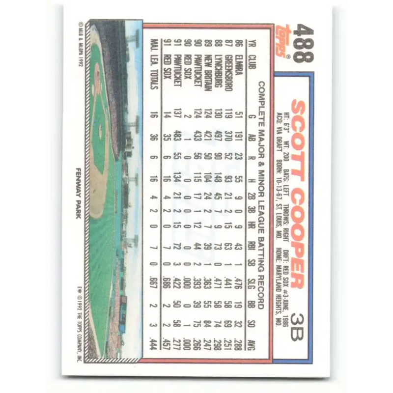 1992 Topps #488 Scott Cooper NM-MT Boston Red Sox Baseball Card - Baseball Card Single