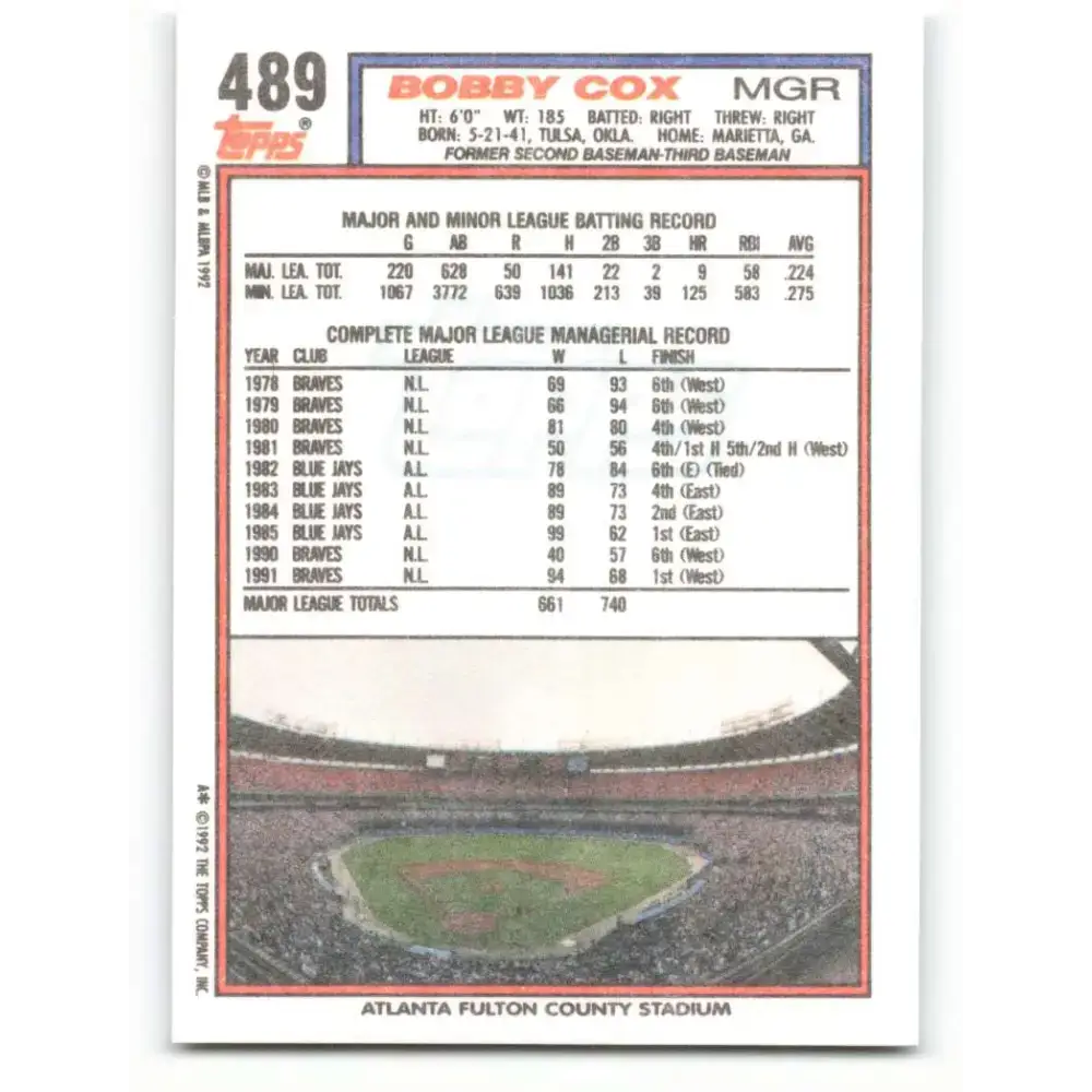 1992 Topps #489 Bobby Cox NM-MT Atlanta Braves Baseball Card - Baseball Card Single