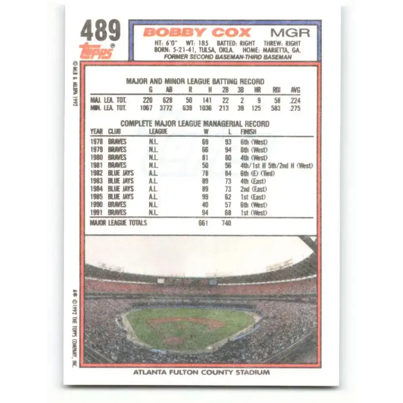 1992 Topps #489 Bobby Cox NM-MT Atlanta Braves Baseball Card - Baseball Card Single