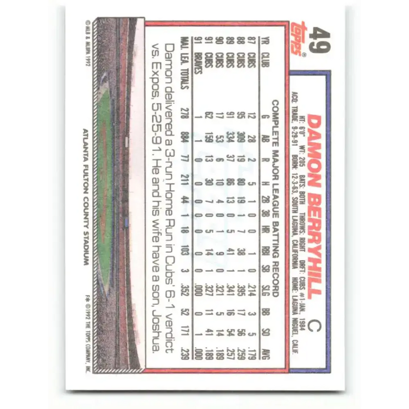 1992 Topps #49 Damon Berryhill NM-MT Atlanta Braves Baseball Card - Baseball Card Single