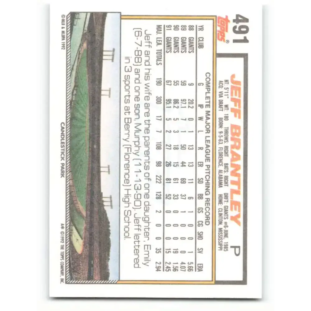1992 Topps #491 Jeff Brantley NM-MT San Francisco Giants Baseball Card - Baseball Card Single