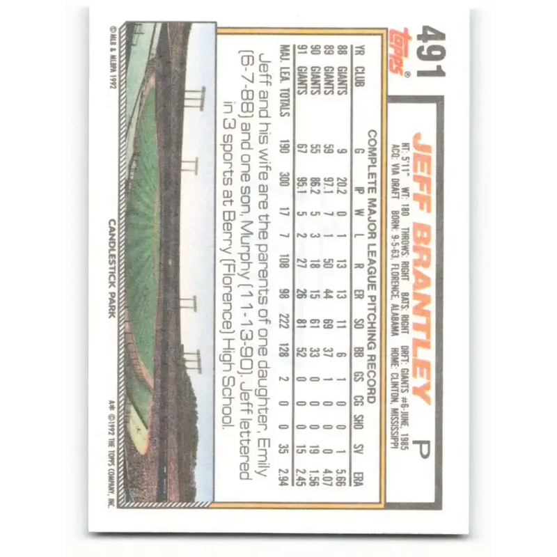 1992 Topps #491 Jeff Brantley NM-MT San Francisco Giants Baseball Card - Baseball Card Single
