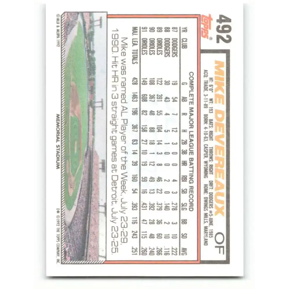 1992 Topps #492 Mike Devereaux NM-MT Baltimore Orioles Baseball Card - Baseball Card Single