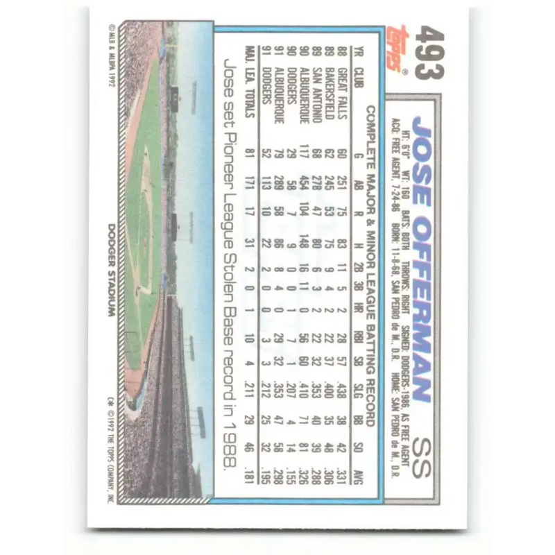 1992 Topps #493 Jose Offerman NM-MT Los Angeles Dodgers Baseball Card - Baseball Card Single