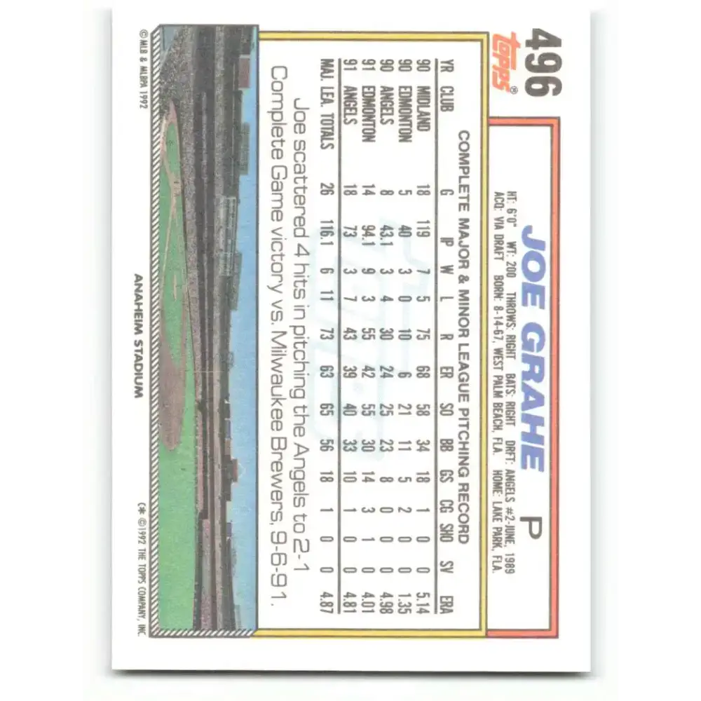 1992 Topps #496 Joe Grahe NM-MT California Angels Baseball Card - Baseball Card Single