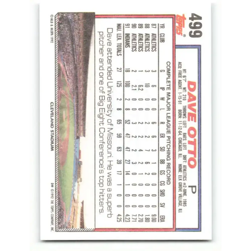 1992 Topps #499 Dave Otto NM-MT Cleveland Indians Baseball Card - Baseball Card Single