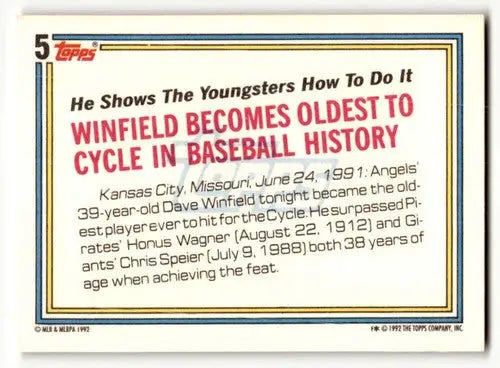 1992 Topps #5 Dave Winfield California Angels Baseball Cards EX/NM ID:55859 - Baseball Card Single
