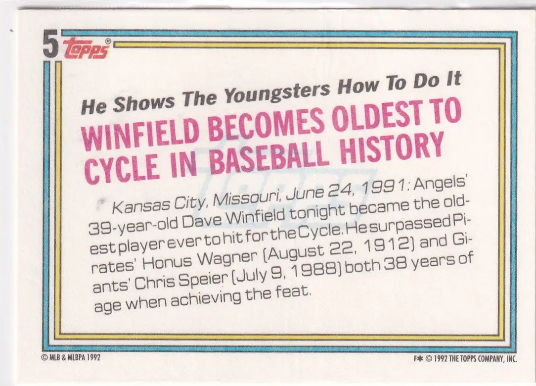 1992 TOPPS #5 DAVE WINFIELD RECORD BREAKER- ANGELS