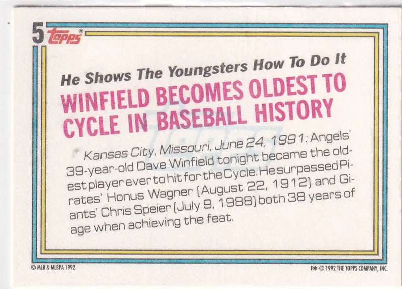 1992 TOPPS #5 DAVE WINFIELD RECORD BREAKER- ANGELS