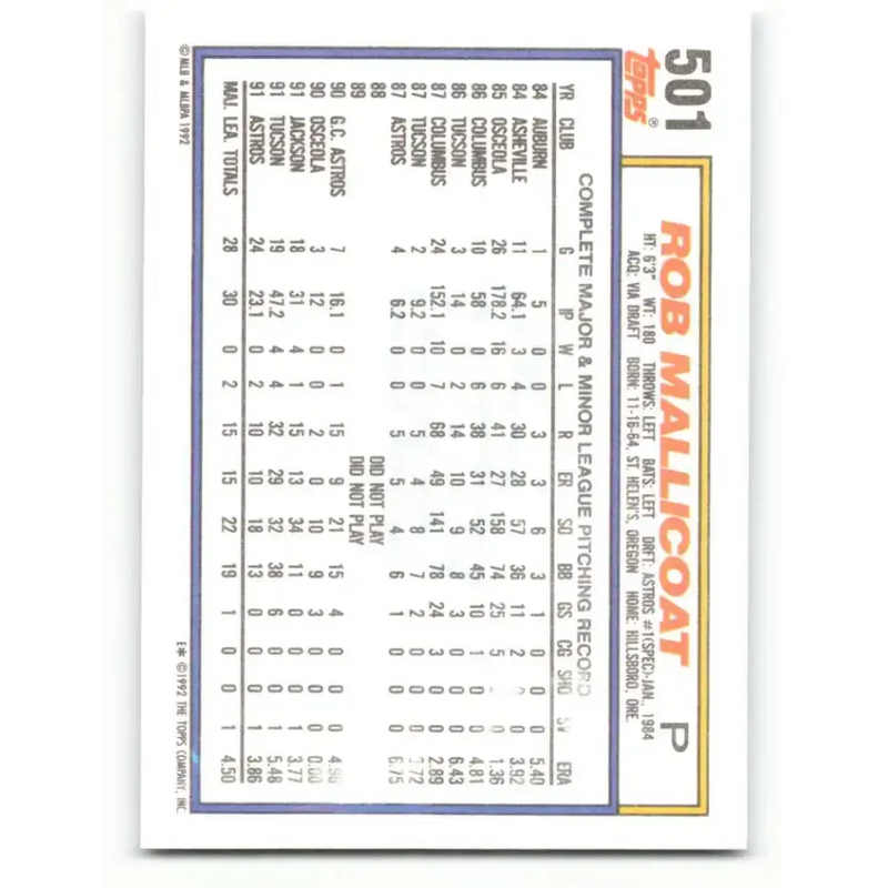 1992 Topps #501 Rob Mallicoat NM-MT Houston Astros Baseball Card - Baseball Card Single