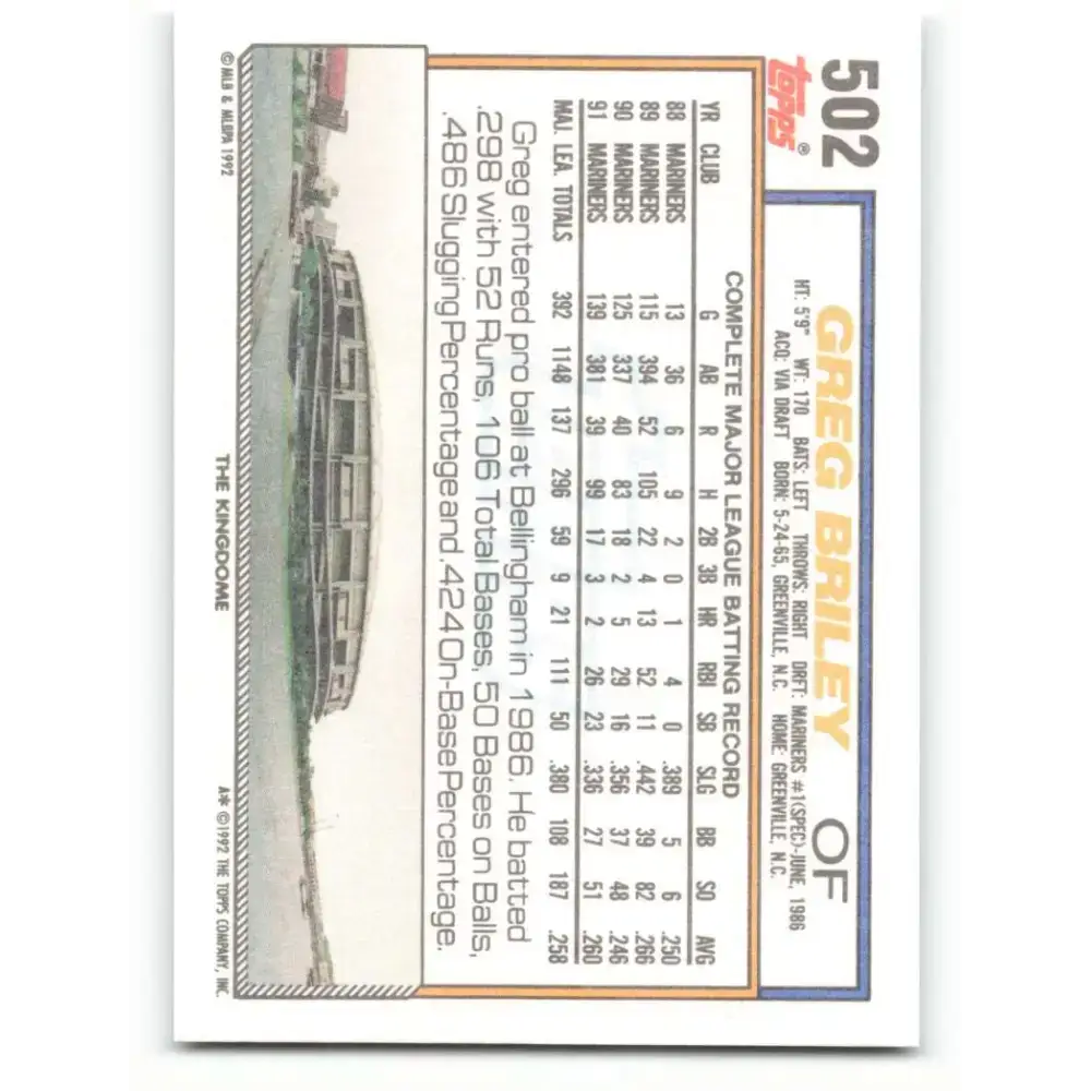 1992 Topps #502 Greg Briley NM-MT Seattle Mariners Baseball Card - Baseball Card Single