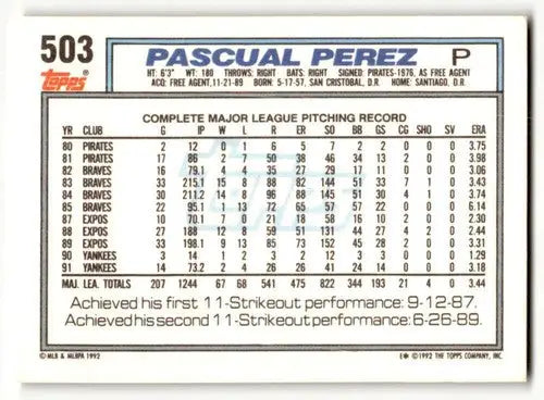 1992 Topps #503 Pascual Perez New York Yankees Baseball Cards EX/NM ID:55865 - Baseball Card Single