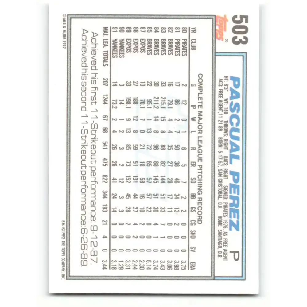 1992 Topps #503 Pascual Perez NM-MT New York Yankees Baseball Card - Baseball Card Single