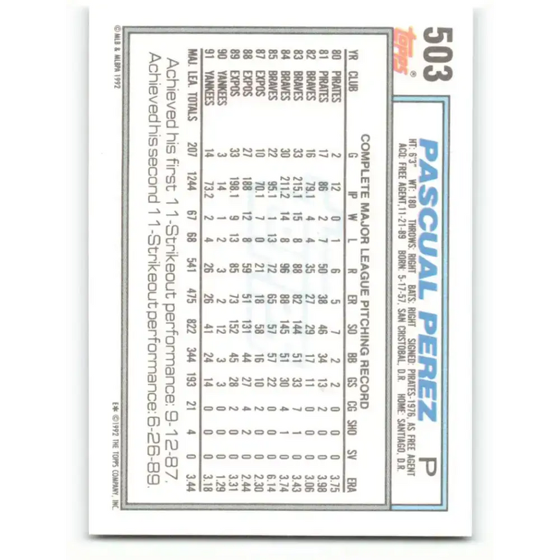 1992 Topps #503 Pascual Perez NM-MT New York Yankees Baseball Card - Baseball Card Single