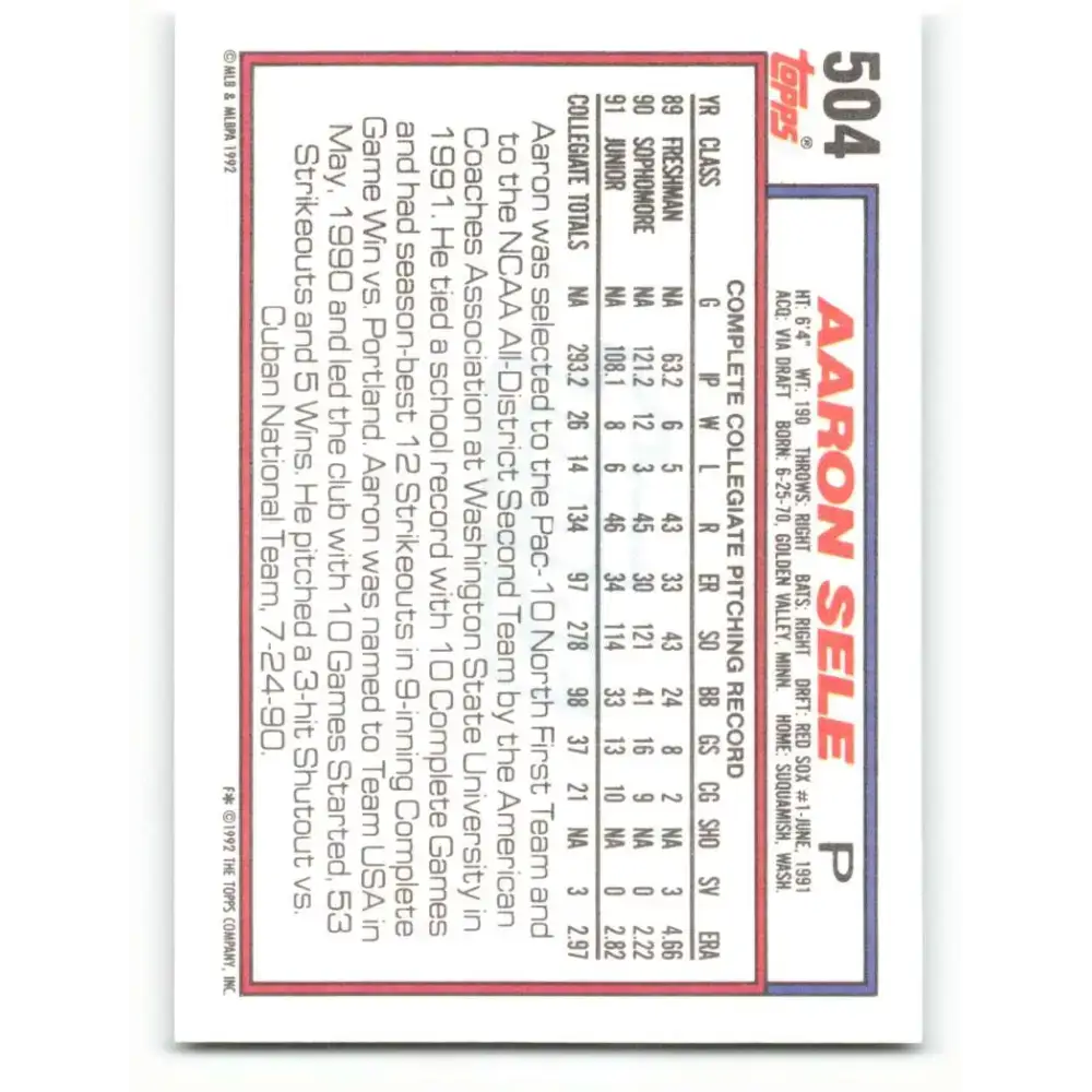 1992 Topps #504 Aaron Sele NM-MT RC Rookie Boston Red Sox Baseball Card - Baseball Card Single