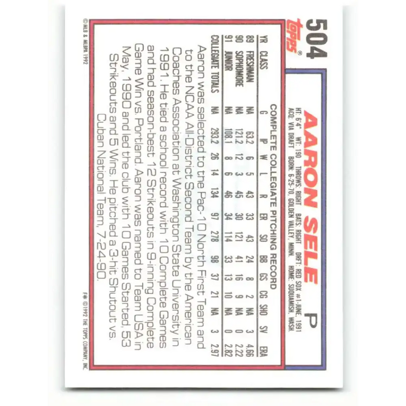 1992 Topps #504 Aaron Sele NM-MT RC Rookie Boston Red Sox Baseball Card - Baseball Card Single
