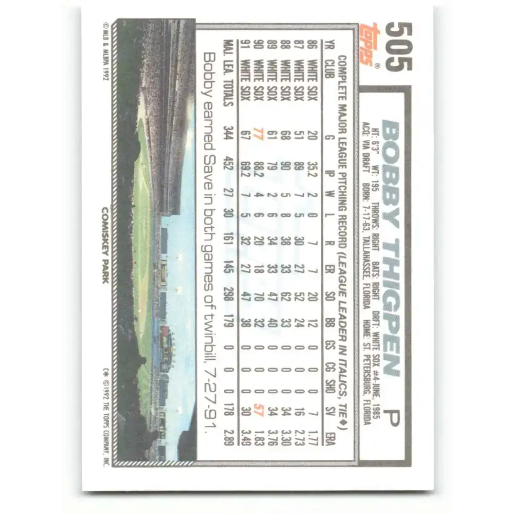 1992 Topps #505 Bobby Thigpen NM-MT Chicago White Sox Baseball Card - Baseball Card Single