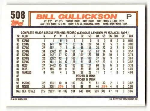 1992 Topps #508 Bill Gullickson Detroit Tigers Baseball Cards EX/NM ID:55813 - Baseball Card Single
