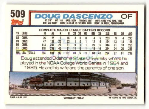 1992 Topps #509 Doug Dascenzo Chicago Cubs Baseball Cards EX/NM ID:61145 - Baseball Card Single