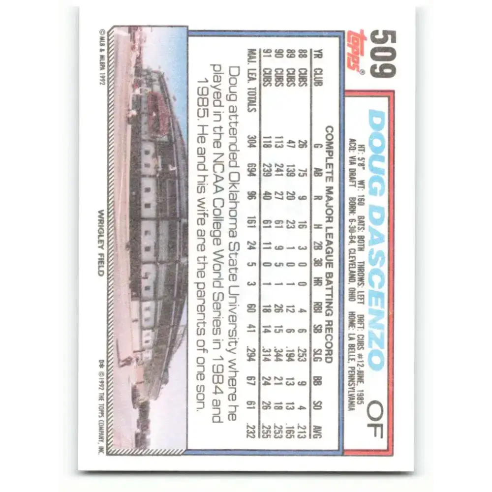 1992 Topps #509 Doug Dascenzo NM-MT Chicago Cubs Baseball Card - Baseball Card Single