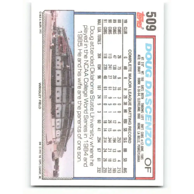 1992 Topps #509 Doug Dascenzo NM-MT Chicago Cubs Baseball Card - Baseball Card Single