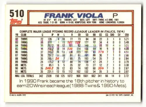 1992 Topps #510 Frank Viola New York Mets Baseball Cards EX/NM ID:61148 - Baseball Card Single