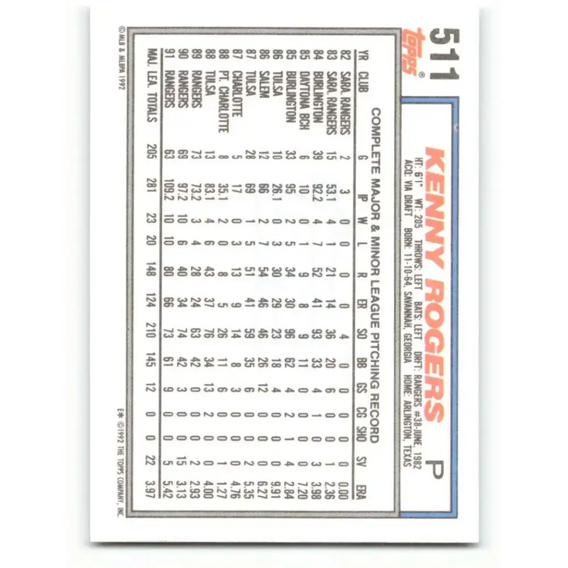 1992 Topps #511 Kenny Rogers NM-MT Texas Rangers Baseball Card - Baseball Card Single
