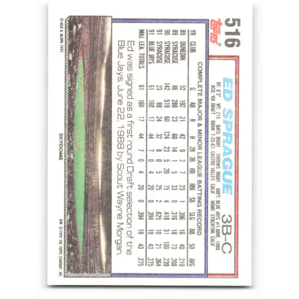 1992 Topps #516 Ed Sprague NM-MT Toronto Blue Jays Baseball Card - Baseball Card Single