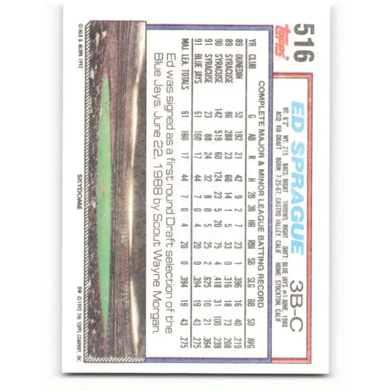 1992 Topps #516 Ed Sprague NM-MT Toronto Blue Jays Baseball Card - Baseball Card Single
